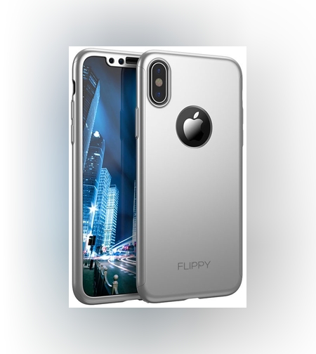 Set Husa si Folie de Protectie, Flippy, Compatibila cu Apple iPhone X, Full Cover 360°, Plastic + Sticla, Argintiu