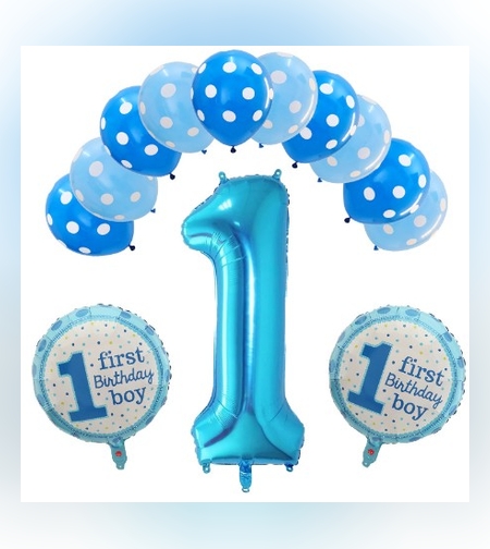 Set 13 baloane, pentru Prima Aniversare, 10 baloane latex, 2 baloane rotunde folie, cifra 1, albastru