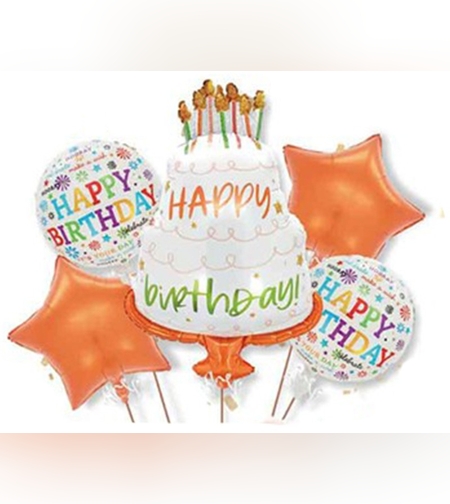 Baloane pentru aniversare, Flippy, tematica Happy Birthday, set 5 baloane, 1 TORT 70 x 101 cm, 2 Stele, 2 Rotunde, din folie de aluminiu, pai de carton inclus, Portocaliu