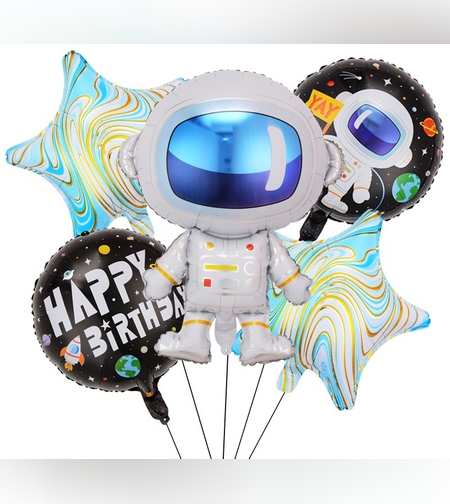 Baloane Model Astronaut, Flippy, Set din 5 baloane, 1 Astronaut, 2 Stele, 2 Rotunde, din folie de aluminiu, Adeziv si pai incluse, 78x45cm, Albastru deschis