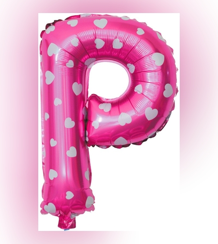 Balon Folie Metalizata Litera P, Flippy, 40 cm, Cu Imprimeu Inimioare, Umflati cu Heliu sau Aer, Ambalaj Individual, Pai inclus, Roz
