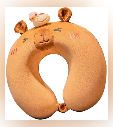 Perna de Calatorie in Forma de U, Flippy, Pentru Gat si Cap, Umplutura din Spuma cu Memorie, 30x30 cm, Model Capybara, Accesoriu de Voiaj, Birou, Masina, Sistem Prindere Capse, Maro