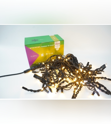 Sectiune Instalatie de Craciun Flippy® Tip Turturi, Franjuri cu Flash, IP65, Sectiune 5 m, 120 LED-uri, Interconectabila, Fir Negru, Alb Cald, Atentie! fara Alimentator