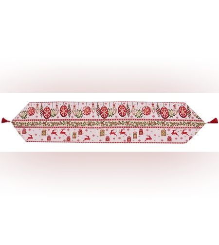 Traversa de Masa pentru Craciun, Flippy, Napron, din Material Tricotat cu Tesatura Groasa, Model Globuri, Reni si Cadouri, cu Colt si Ciucure, 173x34x0.2 cm, Alb/ Rosu