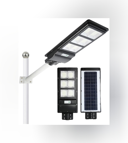 Lampa solara stradala Flippy, cu telecomanda, senzor de miscare si lumina, suport prindere, 135 LED-uri, IP65, ABS, 8AH, 100W, temperatura culoare 6500K, 48.5x22x6.8 cm, autonomie 10-12 ore, negru