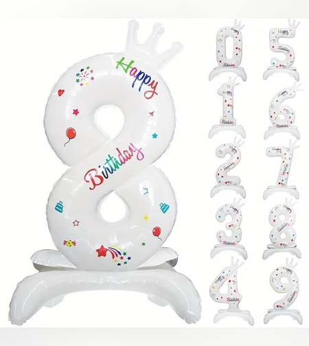Balon din Folie Metalizata, Flippy, Figurina Cifra, Model 8 cu Happy Birthday Scris, Tema Aniversare 81 cm, Ambalaj Individual, Pai Inclus, Umflare cu Aer sau Heliu, Alb