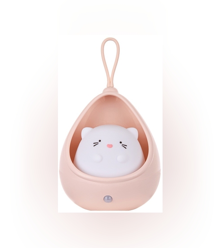 Lampa de veghe portabila cu 2 moduri de functionare Flippy, silicon non-toxic, reincarcabila USB, senzor miscare, roz, pisicuta
