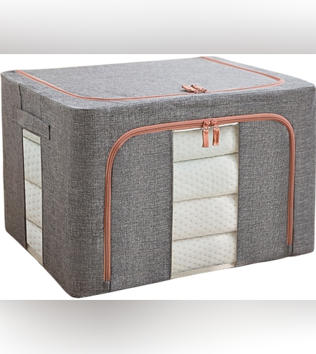 Cutie de depozitare pliabila, Flippy, Cu fermoar, 100 L, Textil, 60x42x40 cm, Cadru Metalic, Suport Baza Stabil din Plastic, Gri, Cu doua ferestre