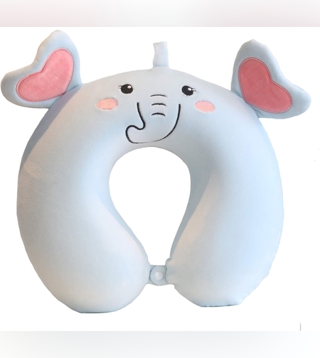 Perna de Calatorie in Forma de U, Flippy, Pentru Gat si Cap, Umplutura din Spuma cu Memorie, 30x30 cm, Model Elefant, Accesoriu de Voiaj, Birou, Masina, Sistem Prindere Capse, Albastru