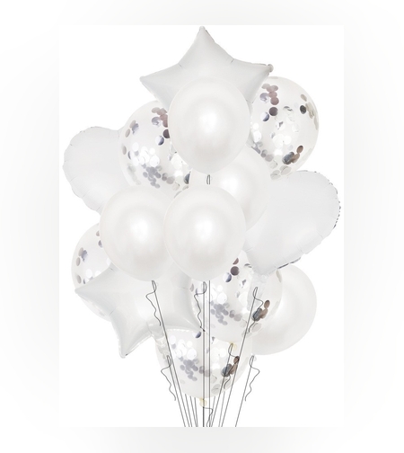 Set 14 Baloane din Folie Metalizată si din Latex, Flippy, Figurine Stea si Inima 45 cm, Baloane Latex 30 cm, Tema Buchet, Ambalaj Individual, Pai Inclus, Umflare cu Aer sau Heliu, Argintiu