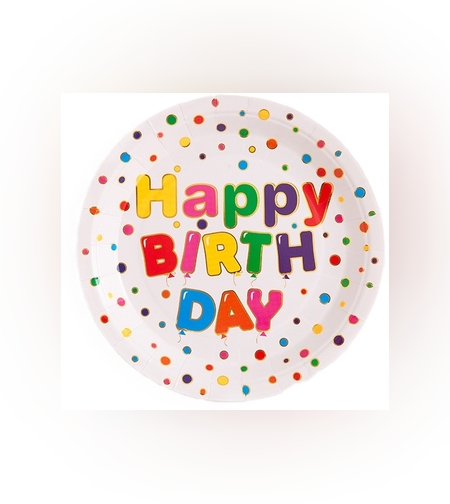 Set 10 Farfurii Unica Folosinta, Flippy, Imprimeu Happy Birthday, din Carton, Diametru 18 cm, Multicolor