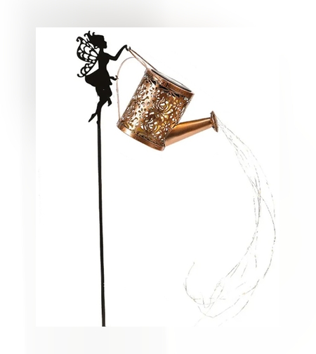 Decor Ornament pentru Gradina, Flippy, Decoratiune pentru Gradina, Model Zana cu Stropitoare, Lumini LED Alb Cald, Inaltime 63 cm, Negru