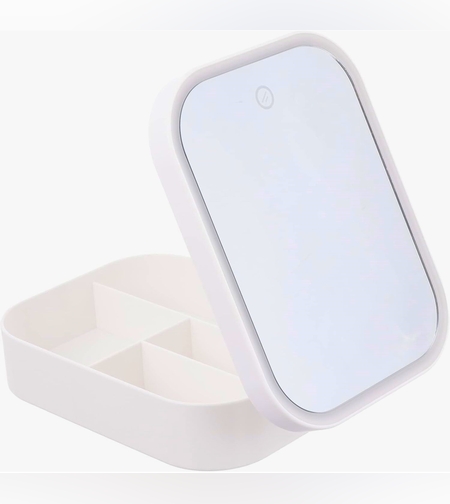 Portfard, Flippy, Geanta Cosmetice, cu Oglinda LED, 3 Moduri de Lumina, Incarcare USB, Baterie 1200 mAh, pentru Organizarea Cosmeticelor, 4 Compartimente, Imitatie Piele, Alb, 16.5x11.5x6 cm