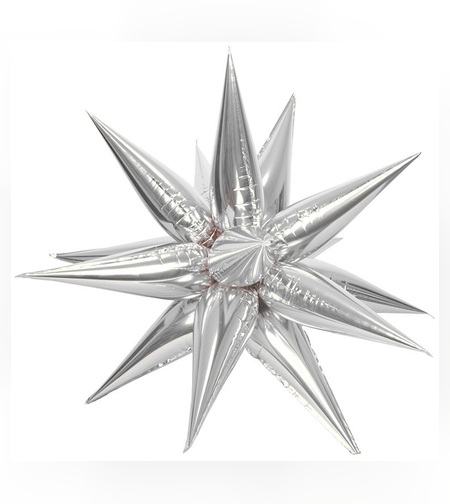 Balon din Folie Metalizata, Flippy, Figurina Stea 3D, 66 cm, Ambalaj Individual, Pai inclus, Umflare cu Aer sau Heliu, Argintiu