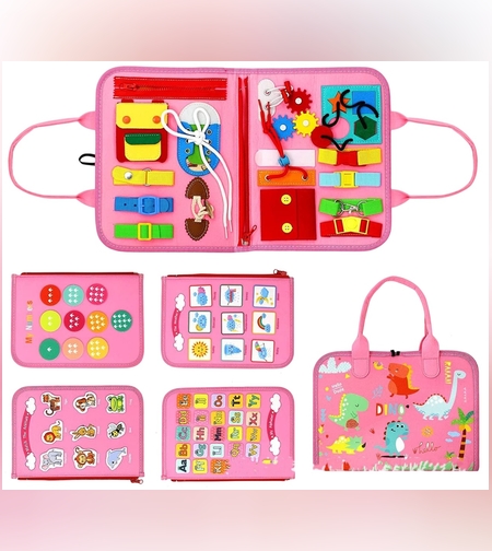 Carte Senzoriala Educativa Montessori 7in1, Flippy, 26 de Activitati, Dezvoltare Abilitati Motorii, 4 Pagini, Model Dinozauri, 28x22x7 cm, Roz