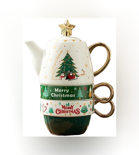 Set de Ceai, Flippy, Tema Craciun, Ceainic 450 ml, 2 x Cani 250 ml, din Ceramica, Model Brad de Craciun, Alb/Verde