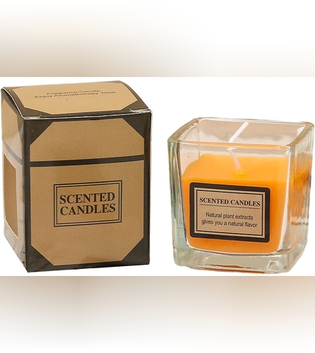 Lumanare Parfumata, Flippy, Model Pahar Transparent, cu Ulei Esential, 4.8 x 5.4 x 5.5 cm, Aroma de Portocala, Portocaliu