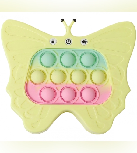 Jucarie Interactiva Tip Consola pentru Copii, Flippy, Diferite Moduri de Joc, 120 Nivele, Material ABS/silicon, cu Nivele, Sunete si Lumini, 12 x 5.5 x 13.5 cm cm, Model Fluture, Galben