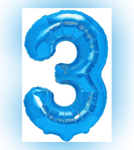 Balon din Folie Metalizata Flippy, Figurina Cifra, Tema Aniversare 40 cm, Ambalaj Individual, Pai inclus, Umflare cu Aer sau Heliu, Albastru, Cifra 3