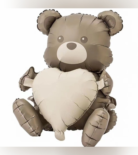 Balon din Folie Metalizata, Flippy, Figurina Animata, Model Ursulet cu Inima, 65 x 65 cm, Ambalaj Individual, Pai Inclus, Umflare cu Aer sau Heliu, Maro