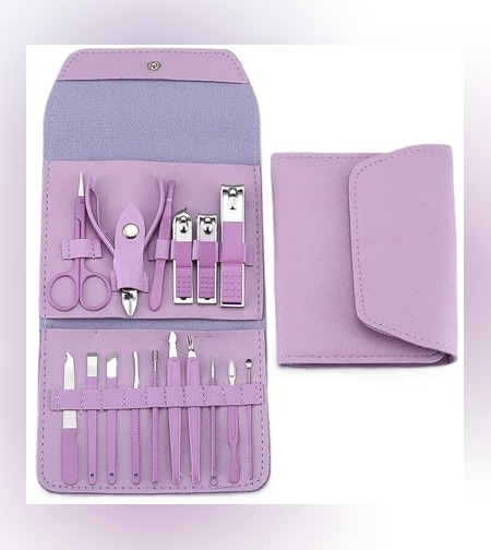 Set 16 Piese de Ingrijire Cosmetica, Flippy, pentru Manichiura, Pedichiura, Fata, Geanta Organizatoare din Piele Ecologica Inclusa, Mov
