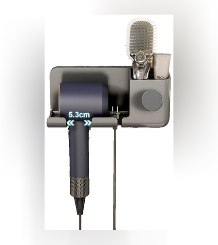 Suport de Baie, Flippy, pentru Uscator de Par, cu Organizator Dublu, din Plastic, Aplicare cu Suport Adeziv, 23 x 8.8 x 9.5 cm, Gri