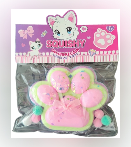 Jucarie Antistres Squishy, Flippy, cu Revenire Lenta, Model Labuta de Pisica Pufoasa, 12.5x10.5 cm, 200g, Squeeze Pinch Family, Ambalaj Transparent, Roz Curcubeu