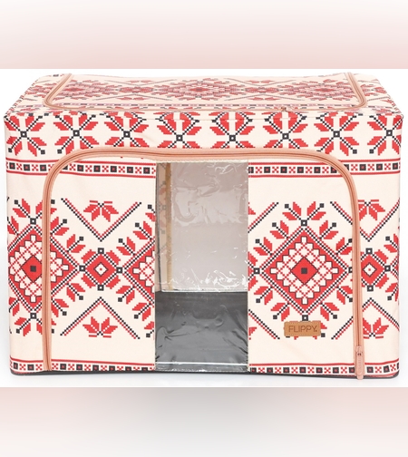 Cutie de Depozitare Pliabila, Flippy,100 L din Bumbac si In, 60X42X40 cm, Fereastra Frontala, 2 Usi de Acces cu Fermoar Bidirectional, Cadru Metalic, Suport Baza Stabil din Plastic, Motiv Traditional Model 2