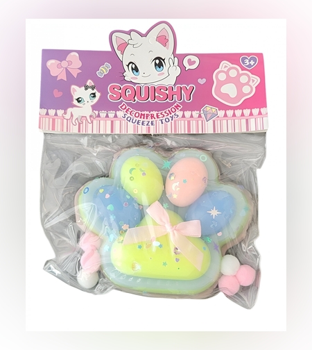 Jucarie Antistres Squishy, Flippy, cu Revenire Lenta,  Model Labuta de Pisica Pufoasa, 12.5x10.5 cm, 220g, Squeeze Pinch Family, Multicolor Albastru