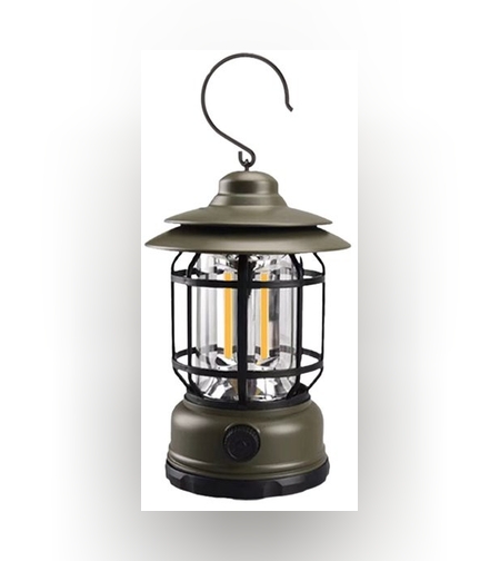 Lampa portabila camping, Felinar Vintage cu carlig, ABS, Iluminare 21 COB LED, Intensitate reglabila, 5W, Flippy, Verde