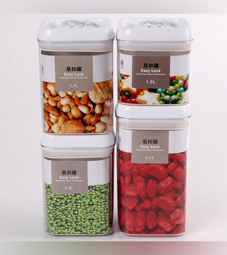 Cuutii de Depozitare Alimente, Flippy, Set din 4 Cutii pentru Condimente in Bucatarie, Cutii de tip Container, Diferite Dimensiuni, cu Capac Ermetic, din Plastic PP, Transparent