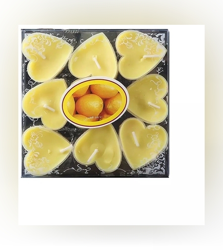Set 9 Lumanari in Forma de Inima, Flippy, pentru Ziua Indragostitilor, Aroma de Citrice, Ardere 3.5 h, din Parafina, 4 x 2 cm, Galben