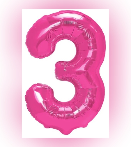 Balon din Folie Metalizata Flippy, Figurina Cifra, Tema Aniversare 80 cm, Ambalaj Individual, Pai inclus, Umflare cu Aer sau Heliu, Roz, Cifra 3