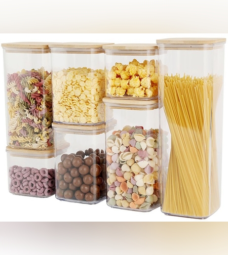 Cutii de Depozitare Alimente, Flippy, Set din 7 Cutii de tip Container, Cutii pentru Cereale, din Plastic, Capac din Bambuc, 2pc 0.5 l, 2pc 0.8 l, 2pc 1.2 l, 1pc 2.5 l, Transparente