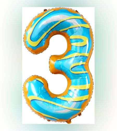 Balon din Folie Metalizata Flippy, Figurina Cifra, Imprimeu Gogosi, Tema Aniversare 100 cm, Ambalaj Individual, Pai inclus, Umflare cu Aer sau Heliu, Multicolor, Cifra 3