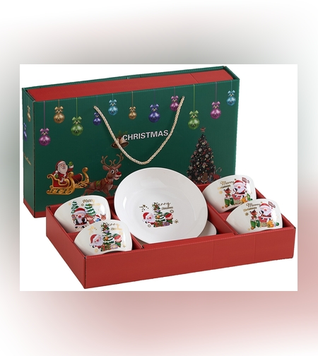Set Vesela Festiva, Flippy, Tema Craciun, 4 x Boluri 300 ml, 2 x Farfurii 18 x 3.4 cm, din Ceramica, Model 3, Multicolor