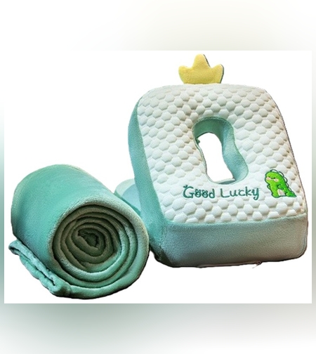 Set 2in1 Patura Microfibra si Perna din Spuma, Flippy, pentru Birou, Calatorii, Pauze, Model Dinozaur, Microfibra, 1x1.7 m, 30x35x30 cm, Verde