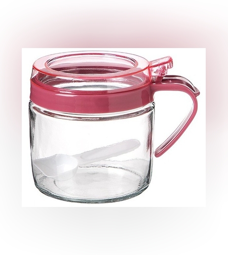 Recipient Condimente, Flippy, din Stilca, 180 ml, cu Maner si Lingurita, 8 x 9 cm, Capac Transparent, Roz