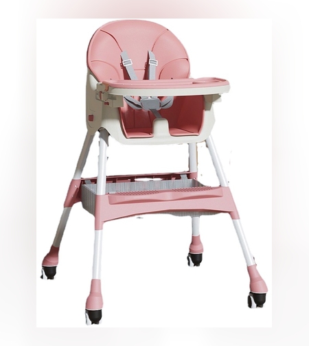 Scaun de masa pentru bebelusi si copii Flippy, cu roti, telescopic, pliabil, masuta reglabila, suport picioare, scaun invelis piele artificiala, centura siguranta, spatiu depozitare, 97 x 73 x 65 cm, roz