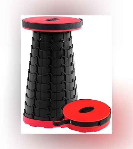 Scaun Telescopic Pliabil pentru Camping si Pescuit, Flippy, Portabil, Universal, Sustine 150 kg, ABS, Diametru 25 cm, Extensibil, Inaltime 45 cm, Rosu-Negru