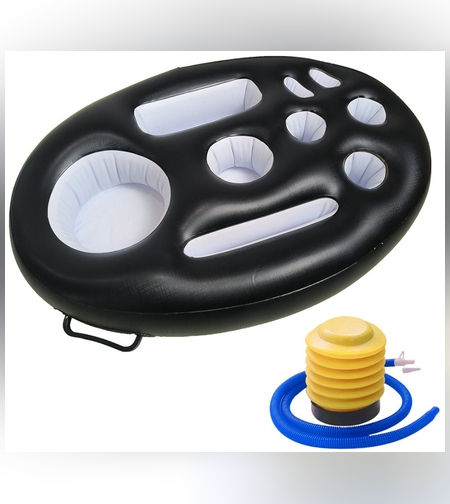 Bar gonflabil/Suport de pahare plutitor, Flippy, cu 9 compartimente, pompa inclusa, PVC, Negru, 25x18,5x4 cm