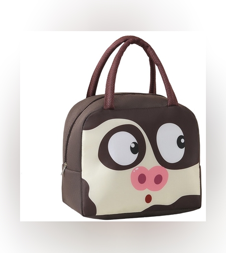 Geantă Frigorifică, Flippy, cu Desene Animat, Portabilă pentru Copii, de Prânz, din Pânză Oxford, 22x14x19 cm, Model Porc, Maro