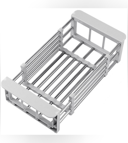 Suport Scurgere Extensibil pentru Bucatarie, Flippy, Uscator Vase din Otel Inoxidabil, Suport Tacamuri si Pahare, Suport pentru Fructe si Legume, 24.5 x 16.5 x 9.5 cm Gri deschis