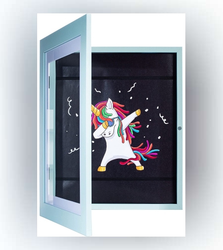 Rama Foto Flippy, cu Magnet, din Lemn, cu Spatiu Pentru Depozitare, Pentru Desene si Picturi A4, Sticla Securizata, Rama MDF, 21x30 cm, Albastru