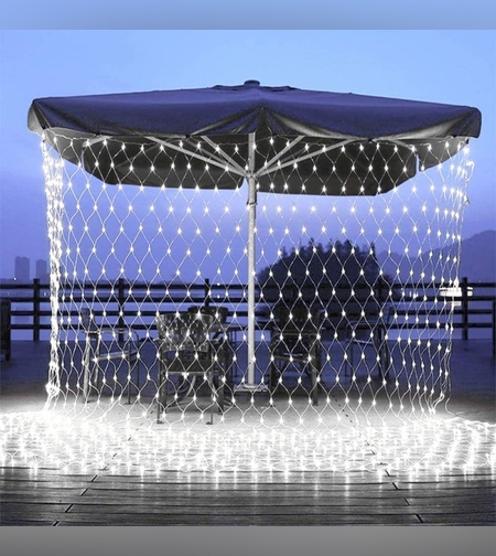 Instalatie Craciun, Tip Plasa, IP 44, 10 x 1 m, 400 LED-uri, Alb rece, 8 jocuri de lumini, Transformator fara telecomanda, Interconectabila, Prelungitor 3 m inclus, Fir transparent, Flippy