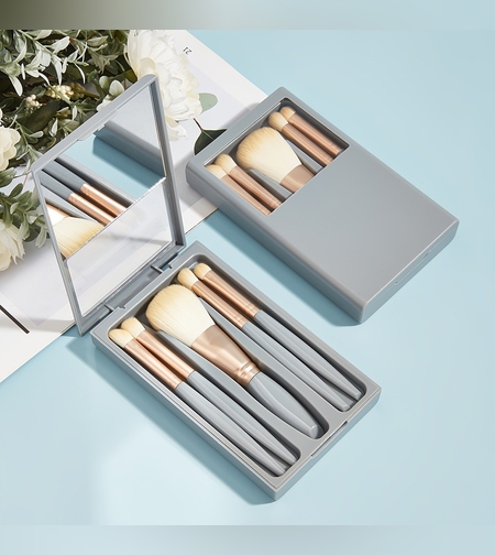 Set 5 Pensule de Machiaj cu Peri Moi, Flippy, cu Suport pentru Depozitare si Oglinda, Albastru