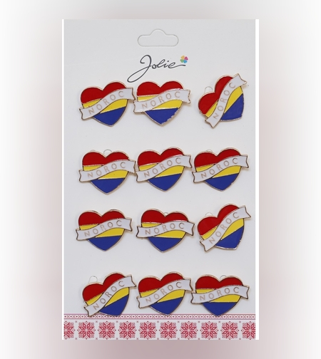 Set 12 Brose Martisor Primavara Inima Tricolor cu Mesaj Noroc