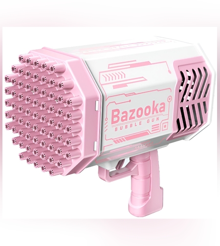 Pistol pentru Baloane de Sapun, Flippy, 69 de Gauri, Lumini Colorate, Tavita, Lichid, Baterie de Li, Cablu de Incarcare, 24cm x 14cm x 24cm, Roz