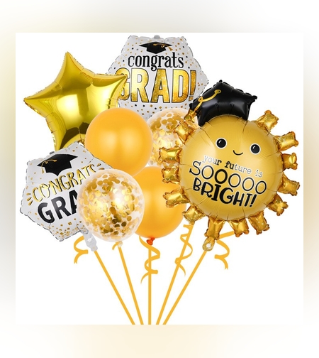 Set 8 Baloane din Folie Metalizată si din Latex, Flippy, Figurine Soare 77x67cm, Stea si Hexagon 45 cm, Baloane Latex 30 cm, Tema Absolvire, Ambalaj Individual, Pai Inclus, Umflare cu Aer sau Heliu, Multicolor