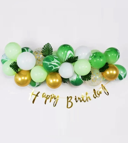 Baloane decorative din Latex si Banner Happy Birthday, Flippy, Model Aniversare, Set 37 de Piese, Verde, Auriu, Alb